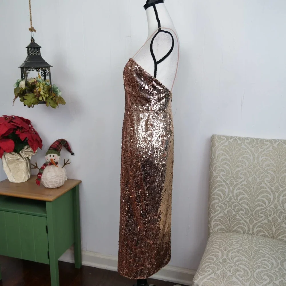 Jay Godfrey Maurice Rose Gold Sequin Dress Size 4 Cocktail Party Midi Slit - Picture 7 of 10